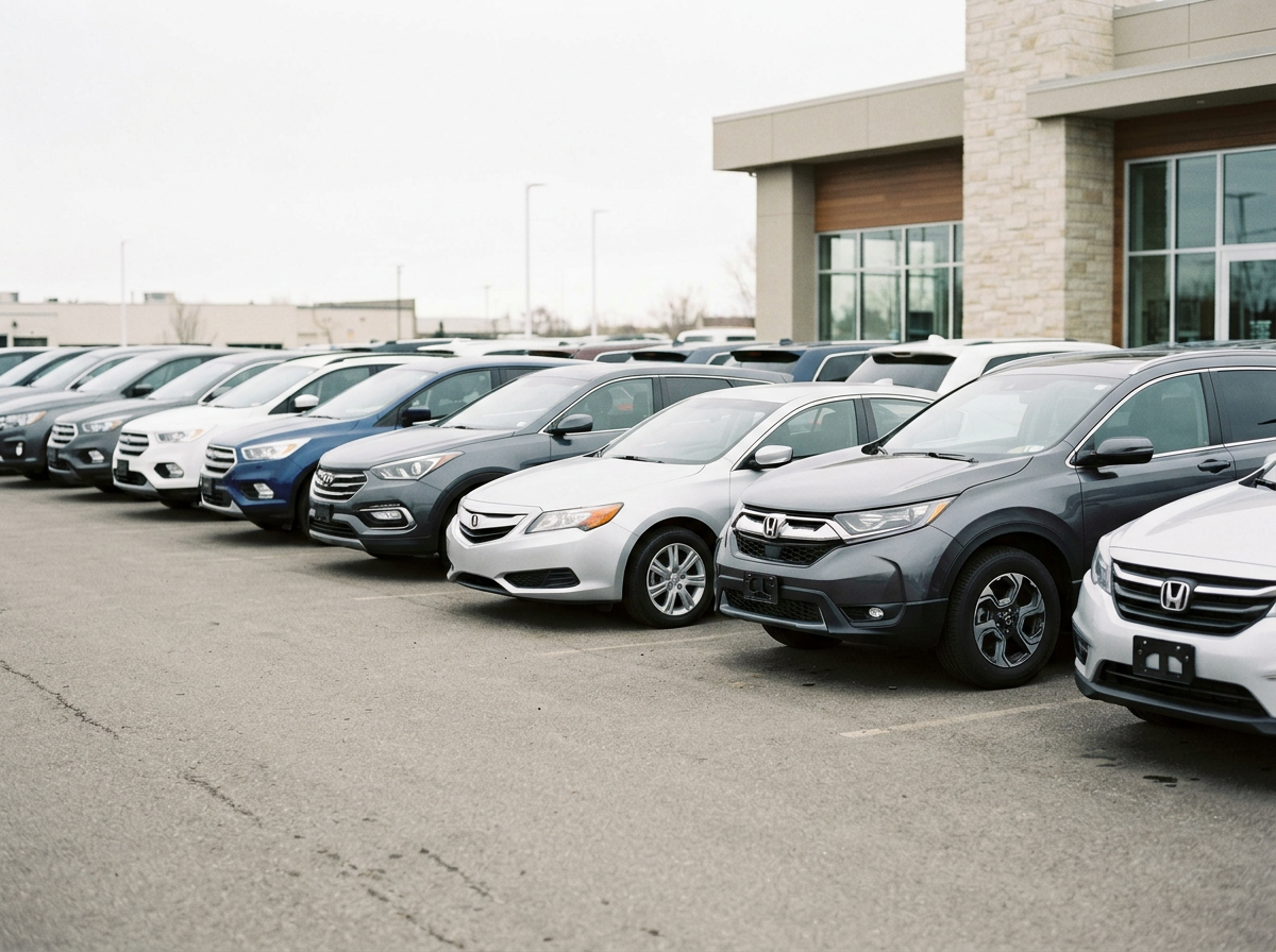 A row of parked cars outside a dealership or parking lot on an overcast day.