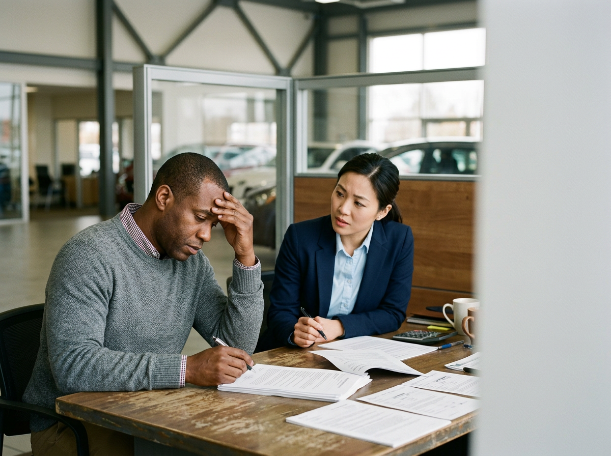 A man and a woman sitting at a desk in a modern office, with the man holding his forehead in frustration or concern while reviewing documents, and the woman looking at him with a serious expression.