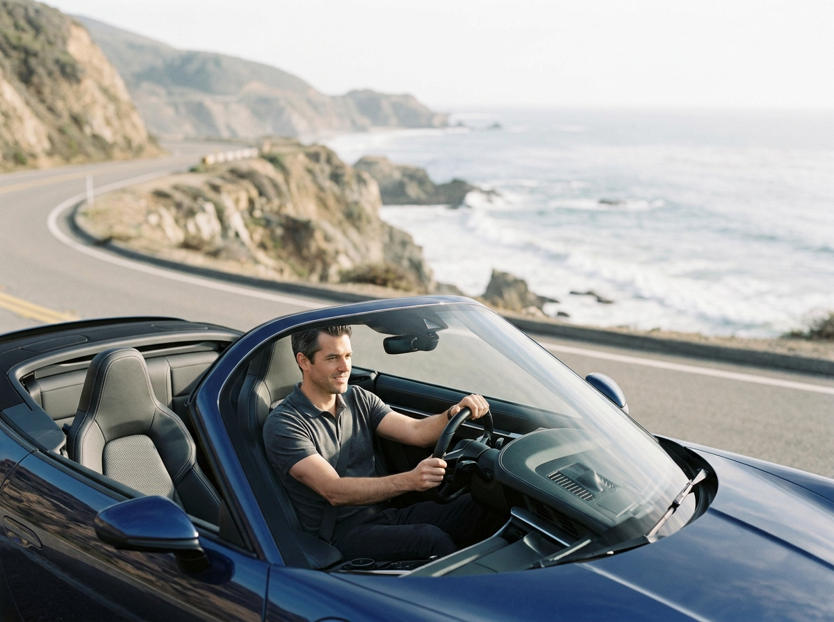 A man driving a blue convertible car along a coastal road with cliffs and the ocean in the background.