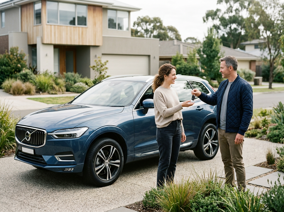 A woman receiving car keys from a man in front of a blue Volvo SUV in a residential neighborhood.