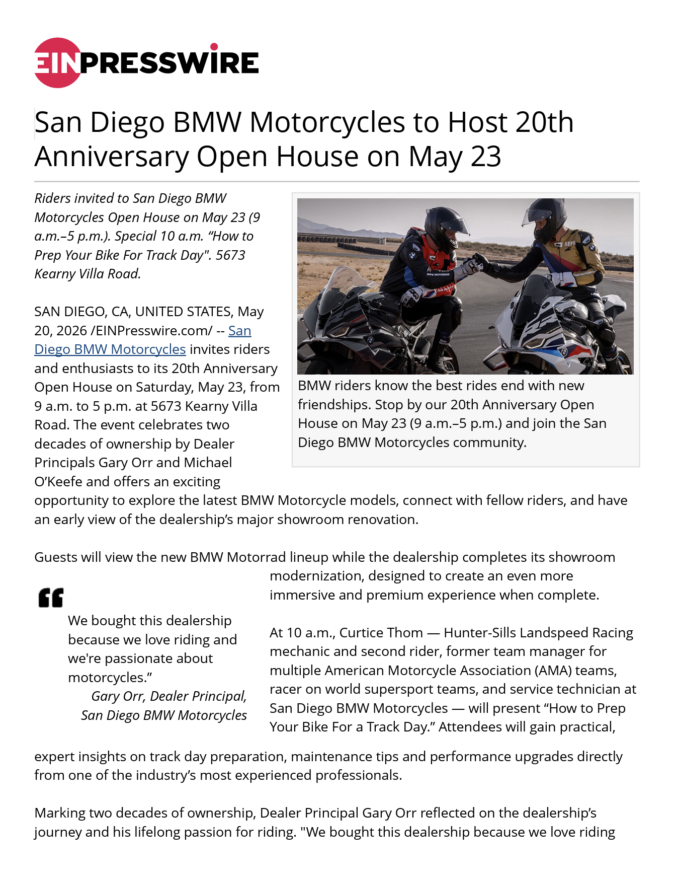 Press release by Breton Buckley for San Diego BMW Motorcycles for a group ride. A photo shows two motorcycle riders in full gear shake hands on a race track, with mountains in the background.
