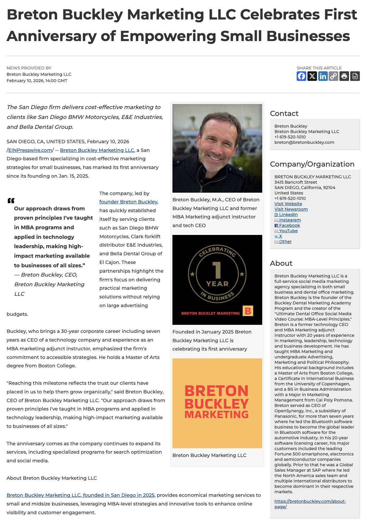 Screenshot of a news article celebrating the first anniversary of Breton Buckley Marketing LLC, including a photo of Breton Buckley.