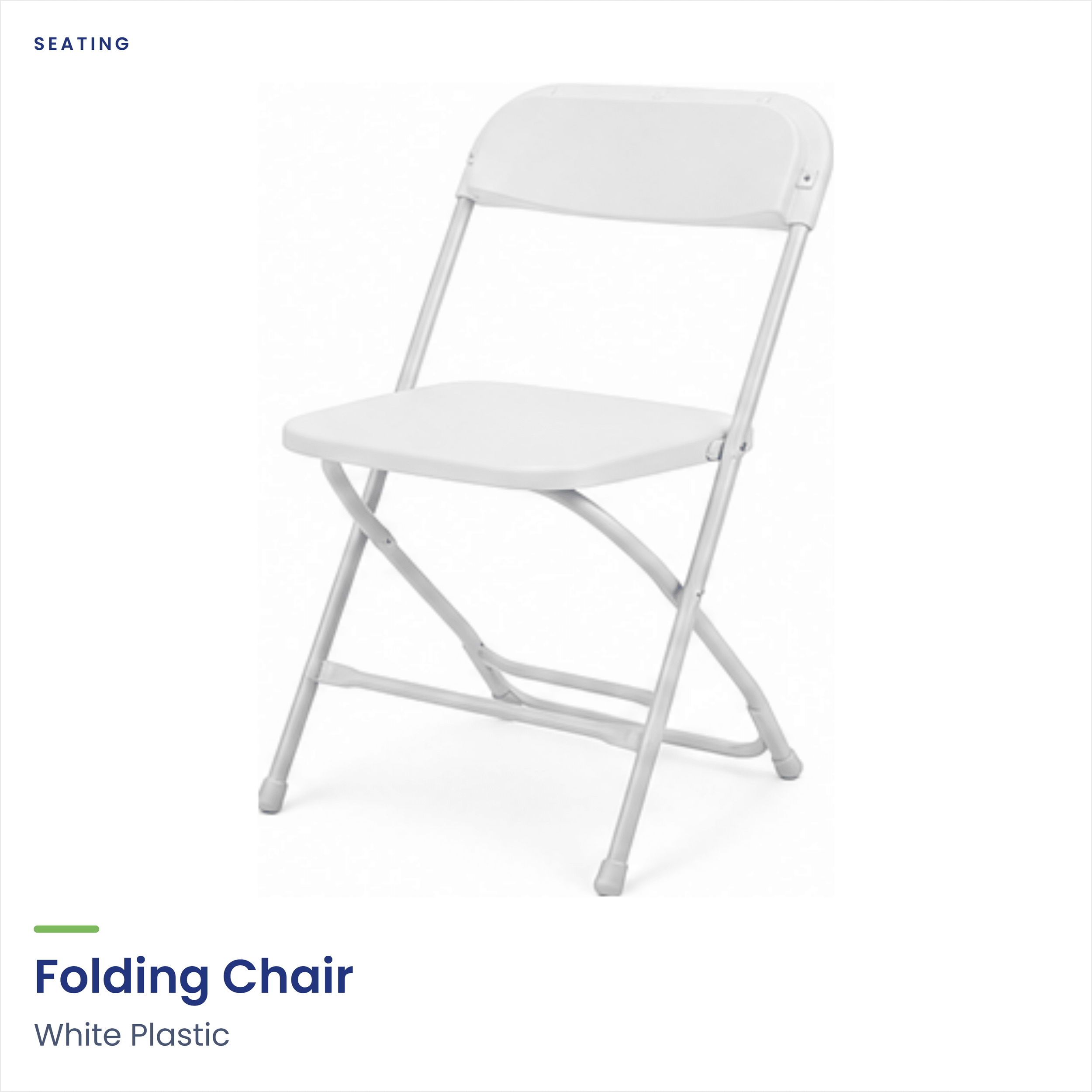 A white plastic folding chair with a metal frame.