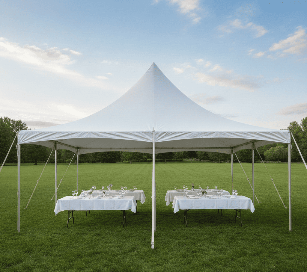 Outdoor event setup with a large white tent, two tables covered with white tablecloths, and arranged glassware on a grassy field under a cloudy sky.