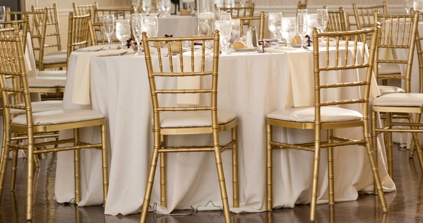 Elegant banquet table with gold chiavari chairs, white tablecloth, and glassware in a formal event setting.