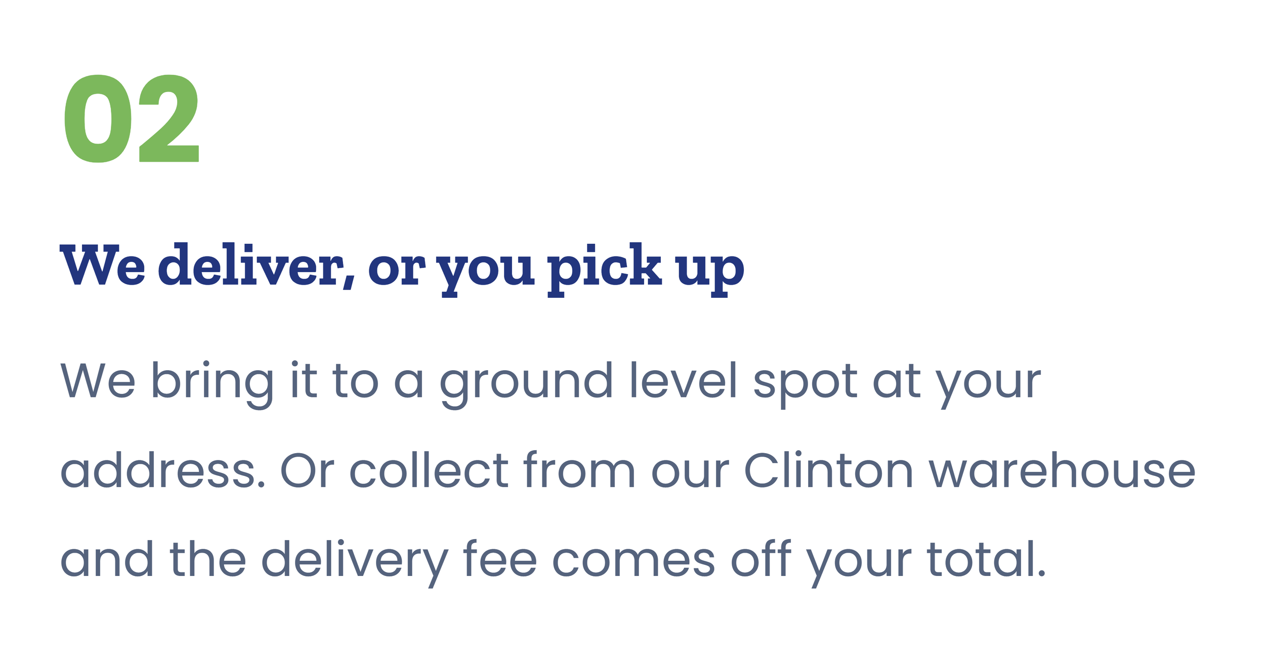 Step 2 of a delivery process infographic, indicating delivery or pickup options, with descriptive text about bringing items to a ground level spot or collecting from a warehouse.