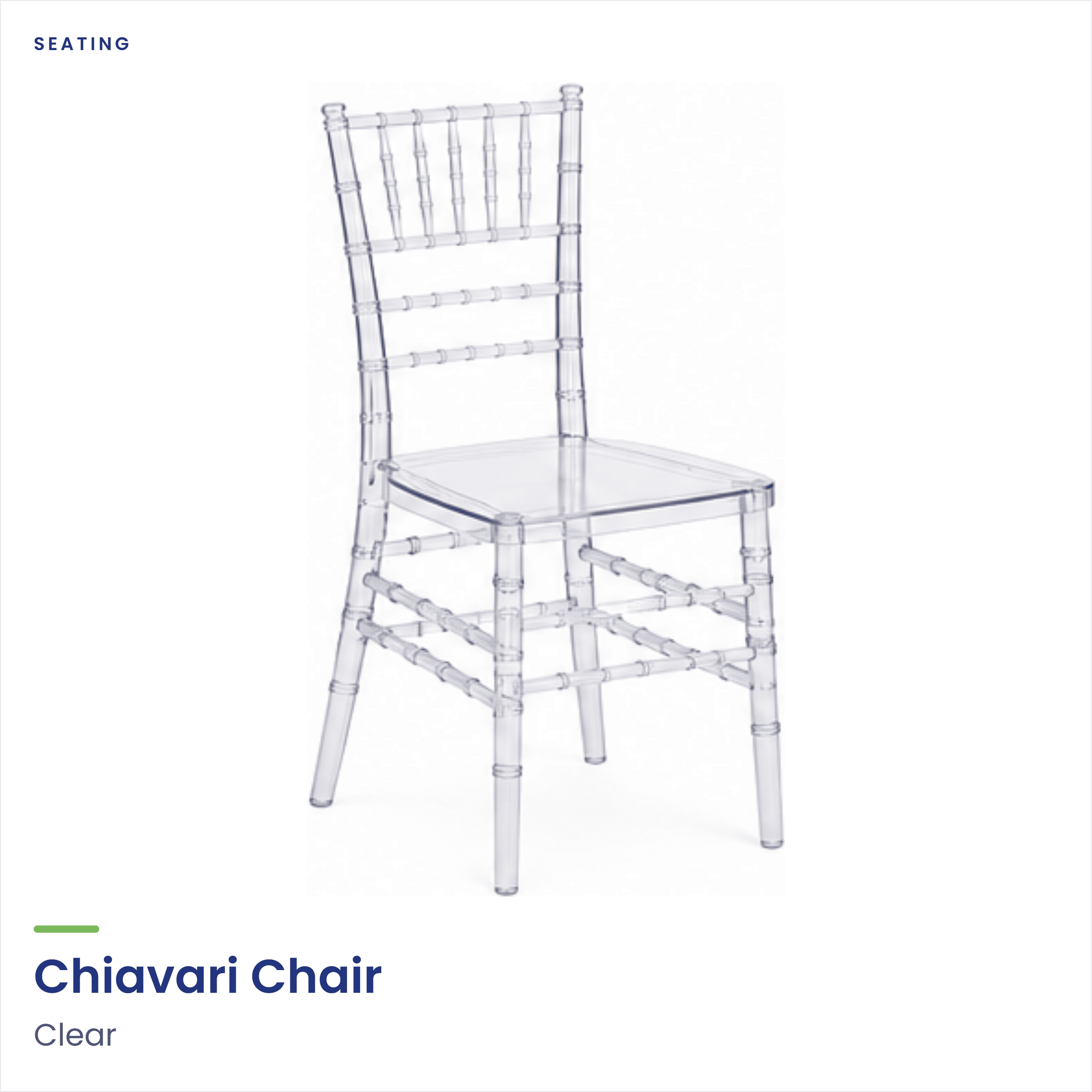 A clear Chiavari chair made of transparent material, showing its elegant design with vertical and horizontal supports, and a slightly curved backrest.