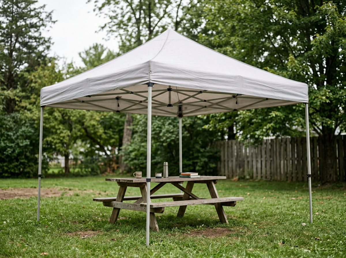 A white canopy tent set up on a grassy lawn with a wooden picnic table underneath. The table has a coffee mug, a thermos, a closed book, and some cups. Surrounding trees and a wooden fence are in the background.