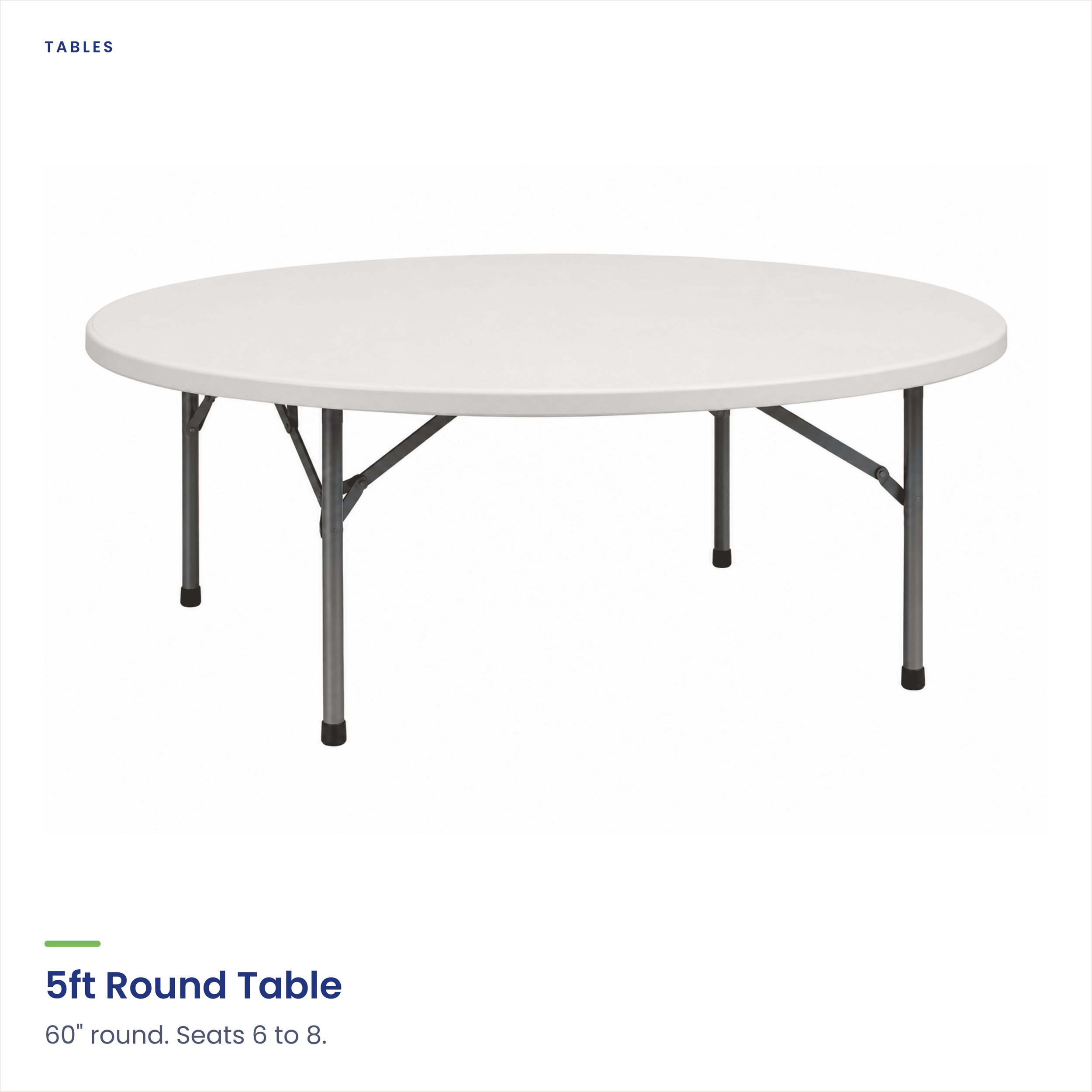 A white round table with black metal legs, designed for 6 to 8 people, with text indicating it's a 5-foot round table.