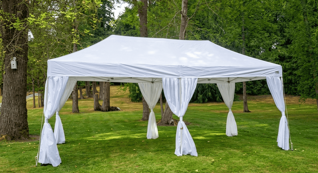 White outdoor canopy tent set up on a grassy area in a wooded park.