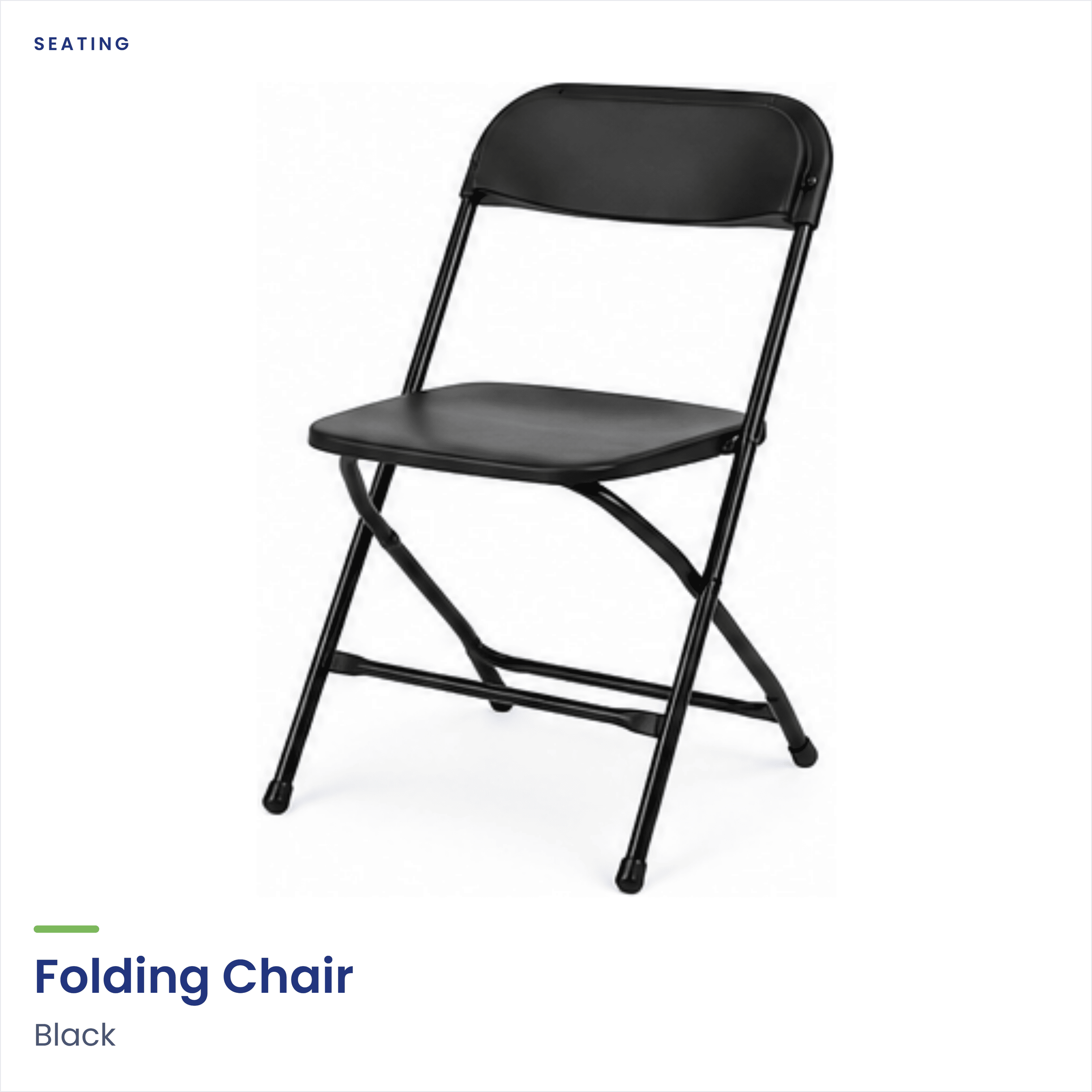 A black folding chair with a padded seat and backrest.