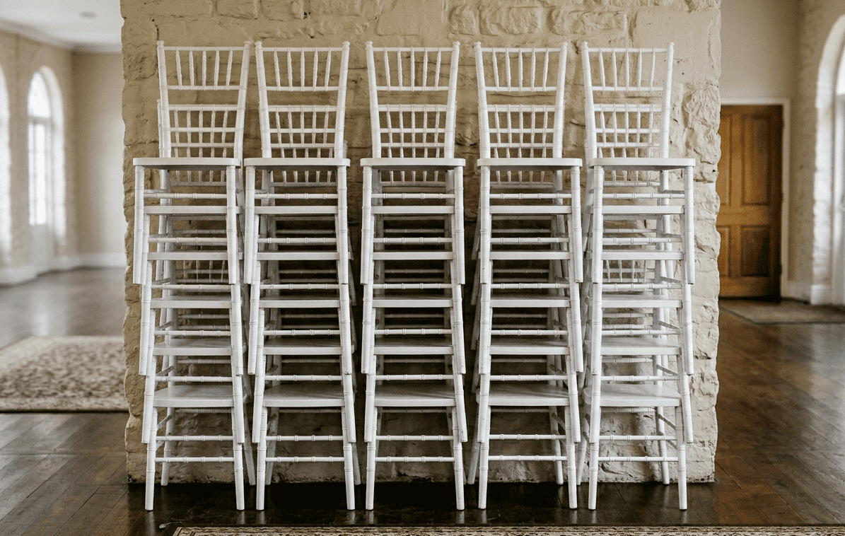 Stacked white wooden chairs against a brick wall in a room with large windows and wooden floors.