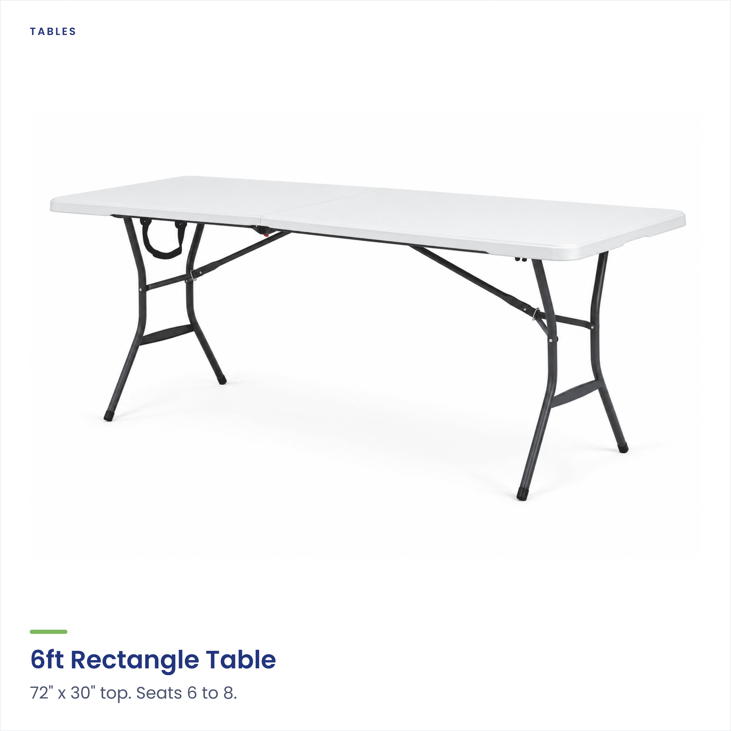 A white rectangular 6-foot table with black metal legs, positioned against a plain white background.
