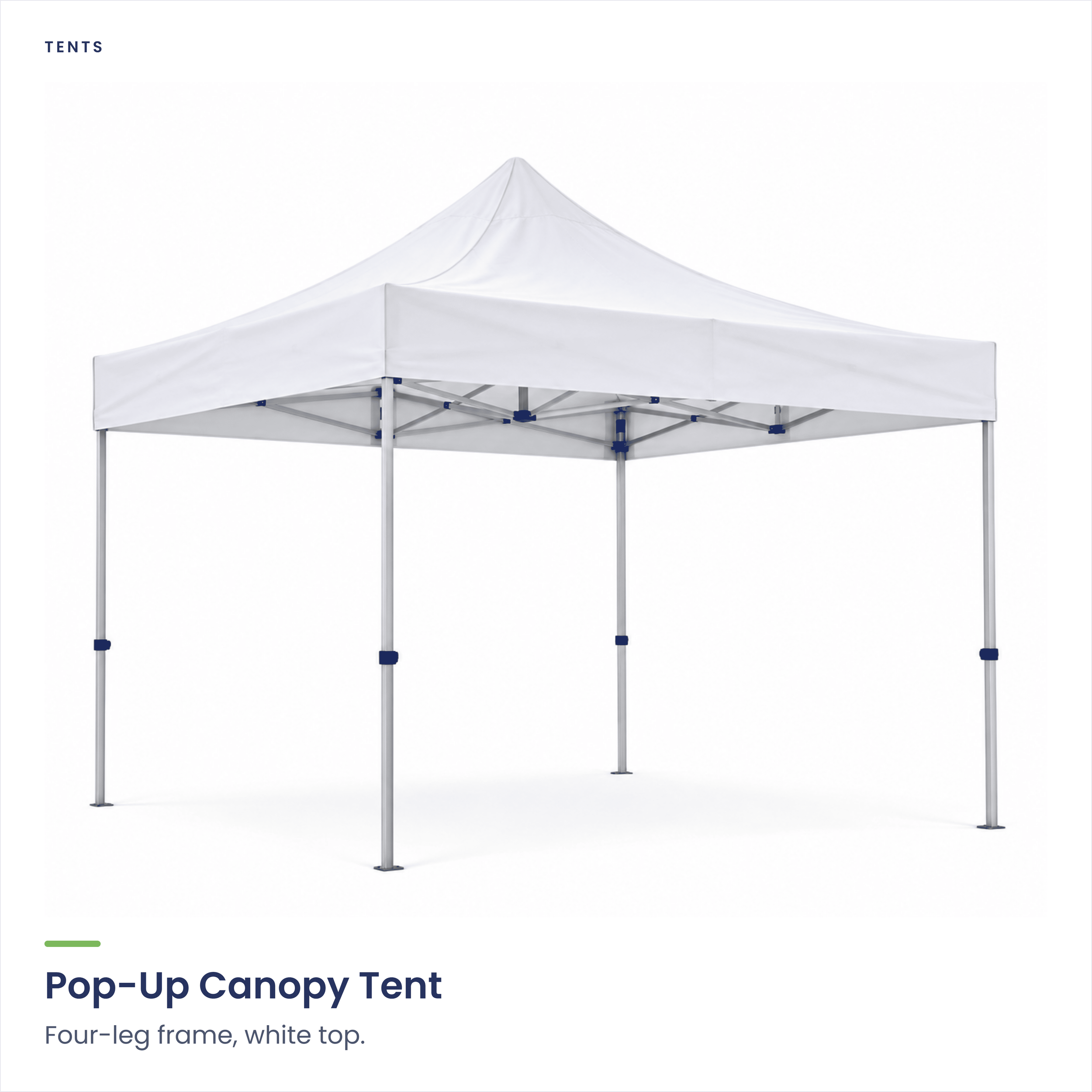 A white pop-up canopy tent with four legs and a peaked top, shown against a plain white background.
