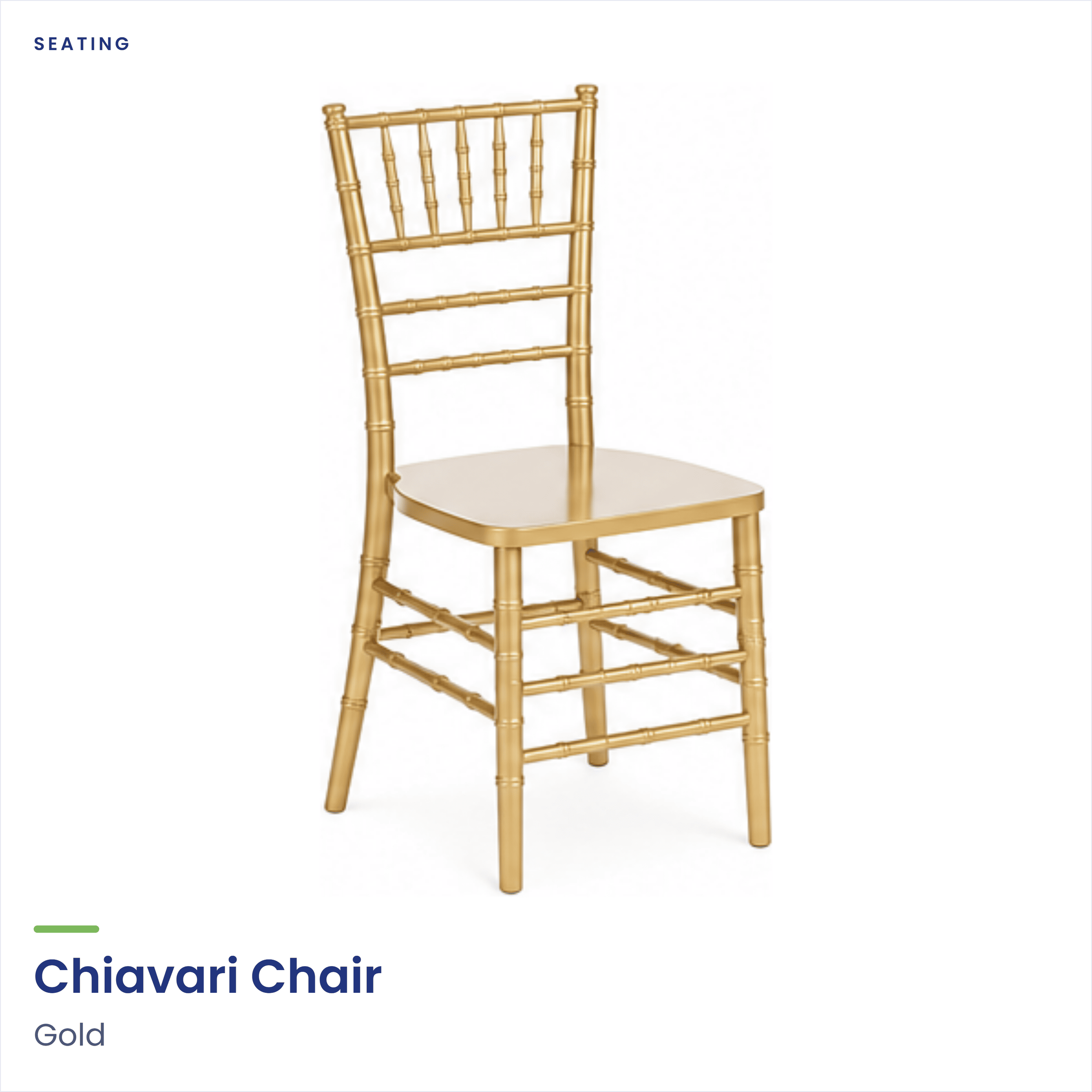 A gold Chiavari chair with a decorative design, shown from the side on a white background.