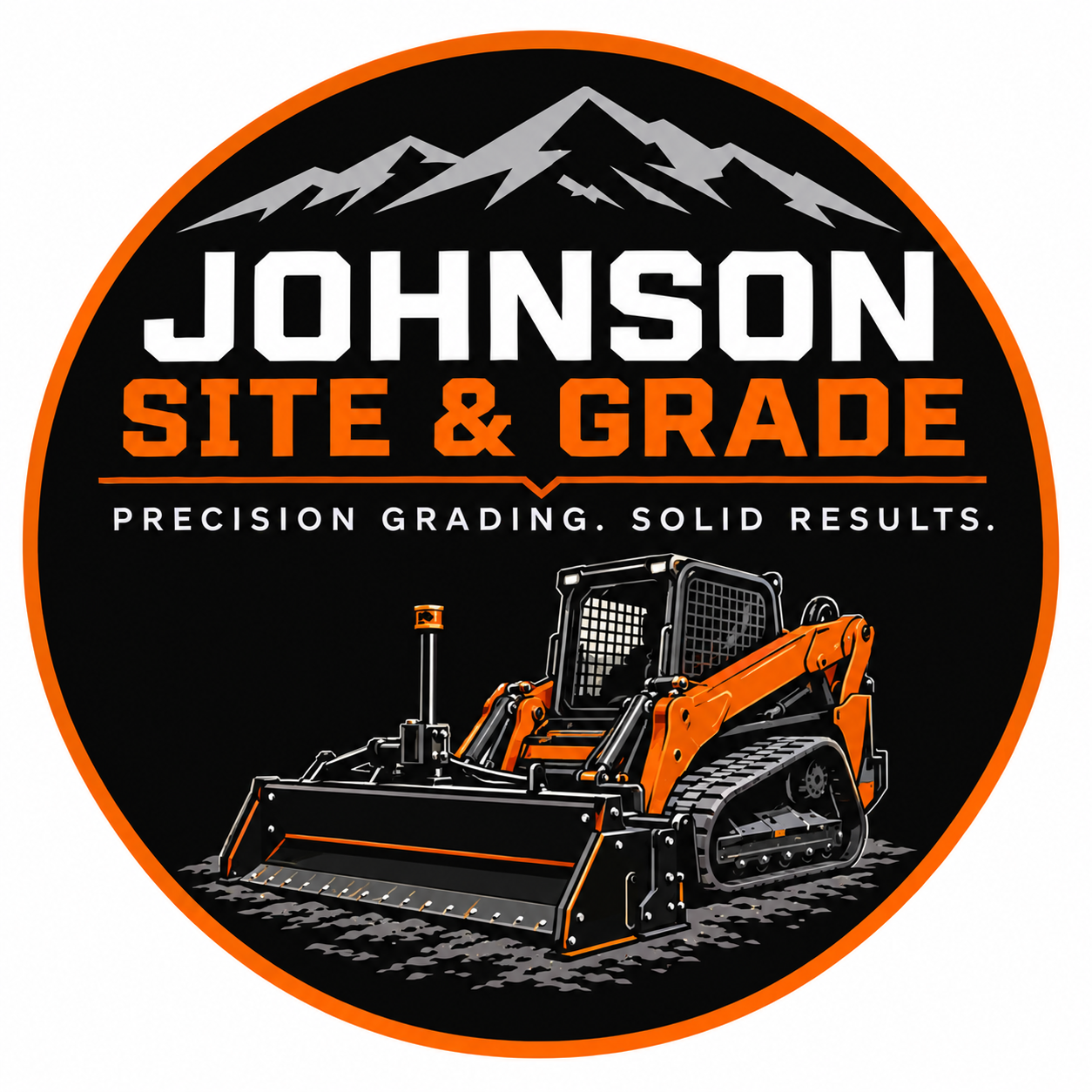 Sticker for Johnson Site & Grade featuring a mountain graphic, bold white and orange text, and an illustration of a mini excavator on a black background with an orange border.