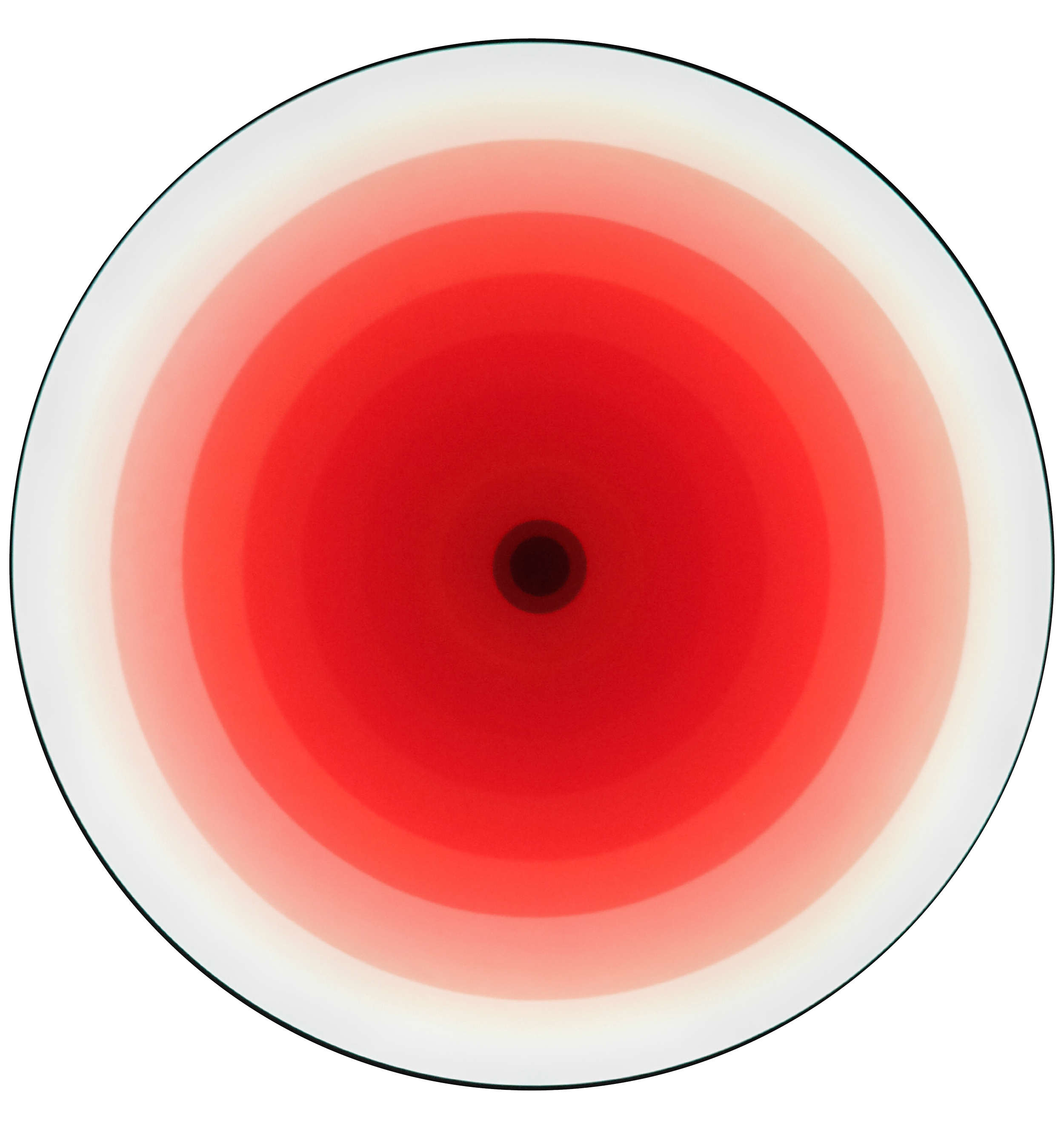 A close-up of an art piece that looks like the target in a dartboard, with a central red circle surrounded by concentric rings of white and shades of pink.