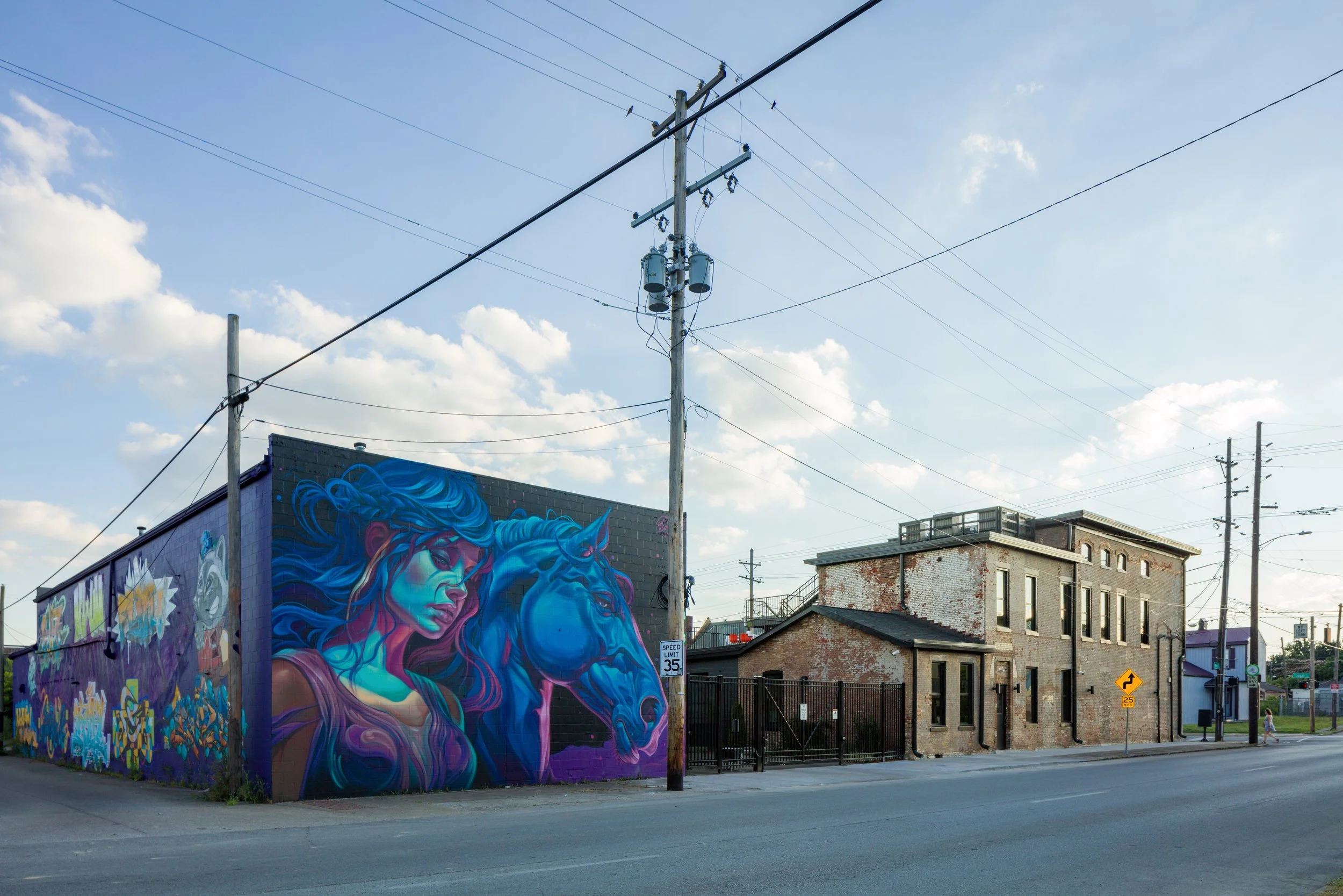 Street scene with a large colorful mural of a woman's face on the side of a building, power lines overhead, and a brick building in the background under a partly cloudy sky.