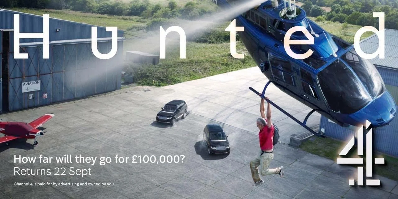 Man hanging from helicopter on runway, promotional image for 'Hunted' TV show with text about returning on September 22. Channel 4 logo visible.