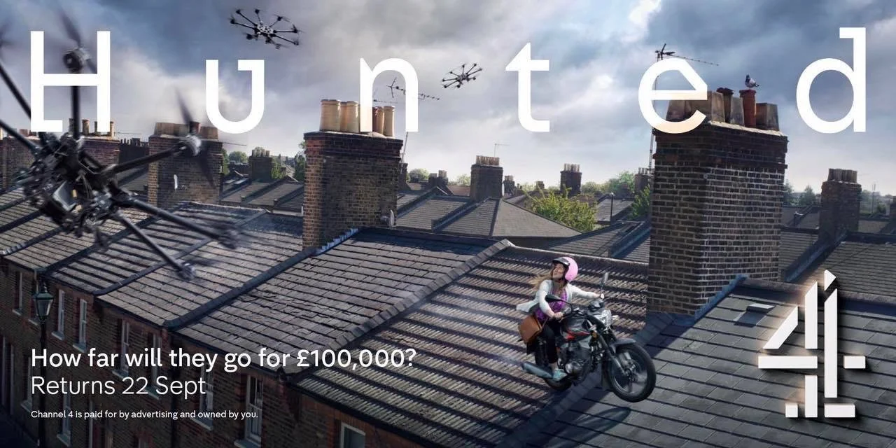 Promotional poster for 'Hunted' with drones and motorcycle on rooftops, airing September 22 on Channel 4.