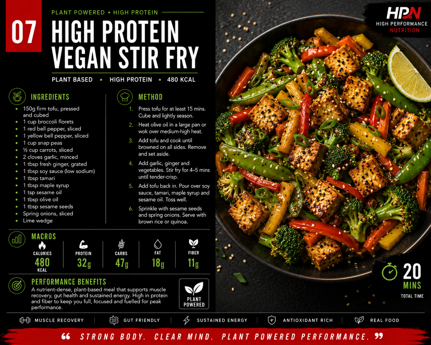 Package of high protein vegan stir fry with ingredients list, cooking method, nutrition facts, and a bowl of cooked stir fry with tofu, broccoli, peppers, carrots, and lemon wedge.
