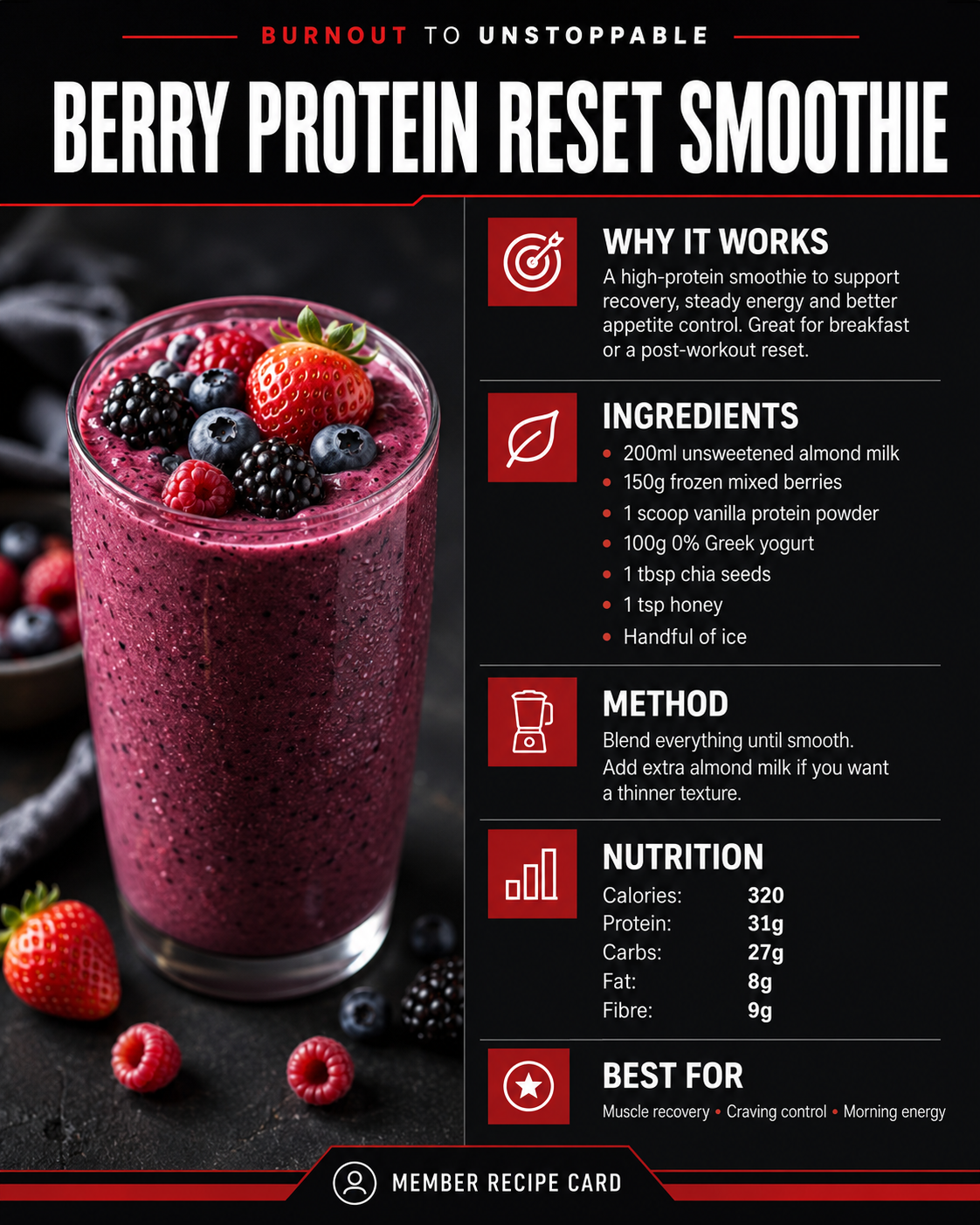 A tall glass of berry protein reset smoothie garnished with fresh mixed berries and a few green leaves, positioned next to a bowl of berries.