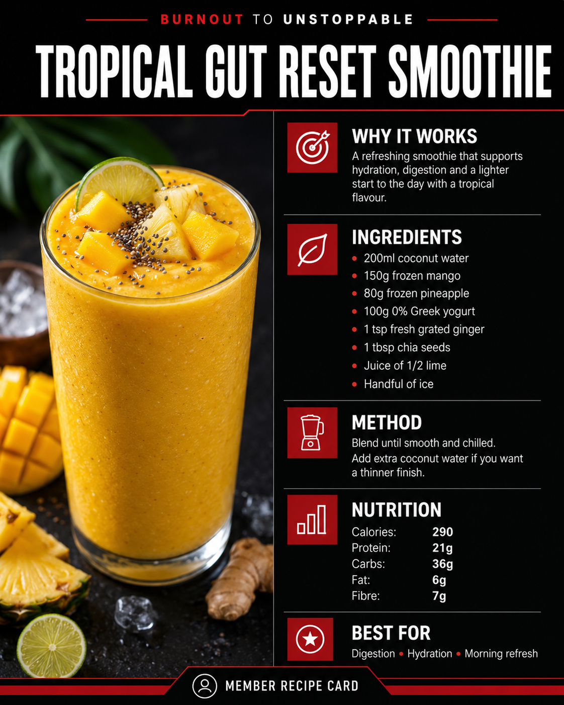 A tall glass of tropical mango, pineapple, and lime smoothie topped with fresh fruit and chia seeds, with ingredients and recipe instructions displayed on the side.