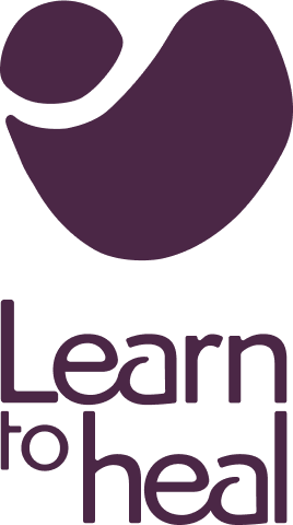 A stylized purple leaf graphic with the words "Learn to heal" underneath.