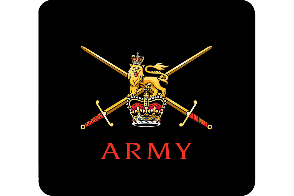 British Army emblem featuring a lion and crown with crossed swords on a black background, and the word "Army" below.