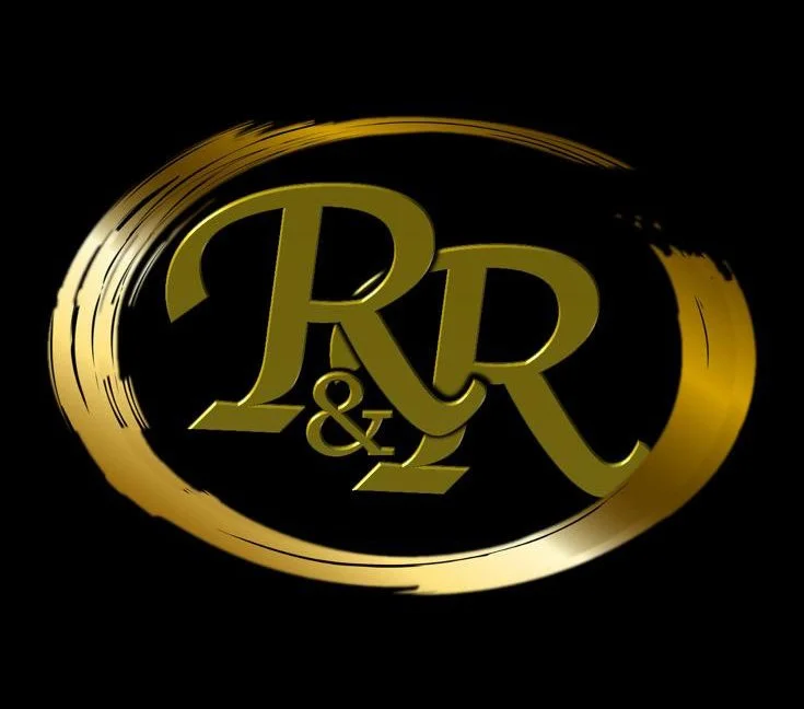 Gold R&R logo with a circular brushstroke design on a black background.