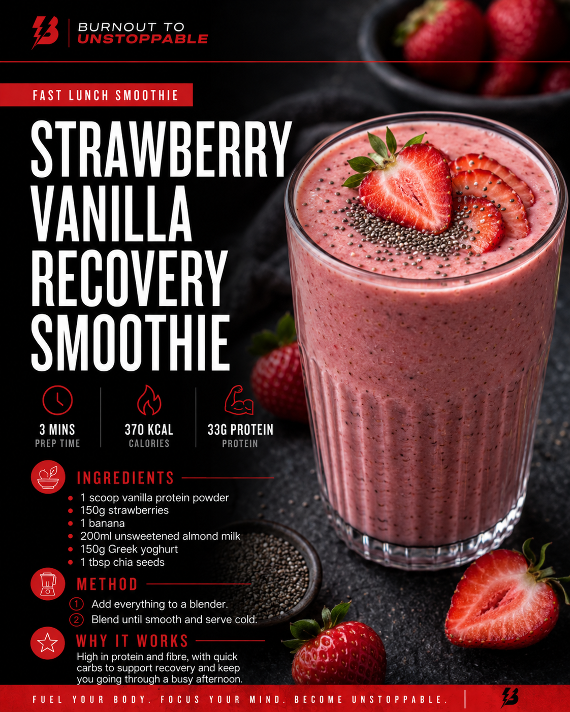 A promotional graphic for a strawberry vanilla recovery smoothie featuring a glass of pink smoothie garnished with strawberries and chia seeds, with ingredients and instructions listed.