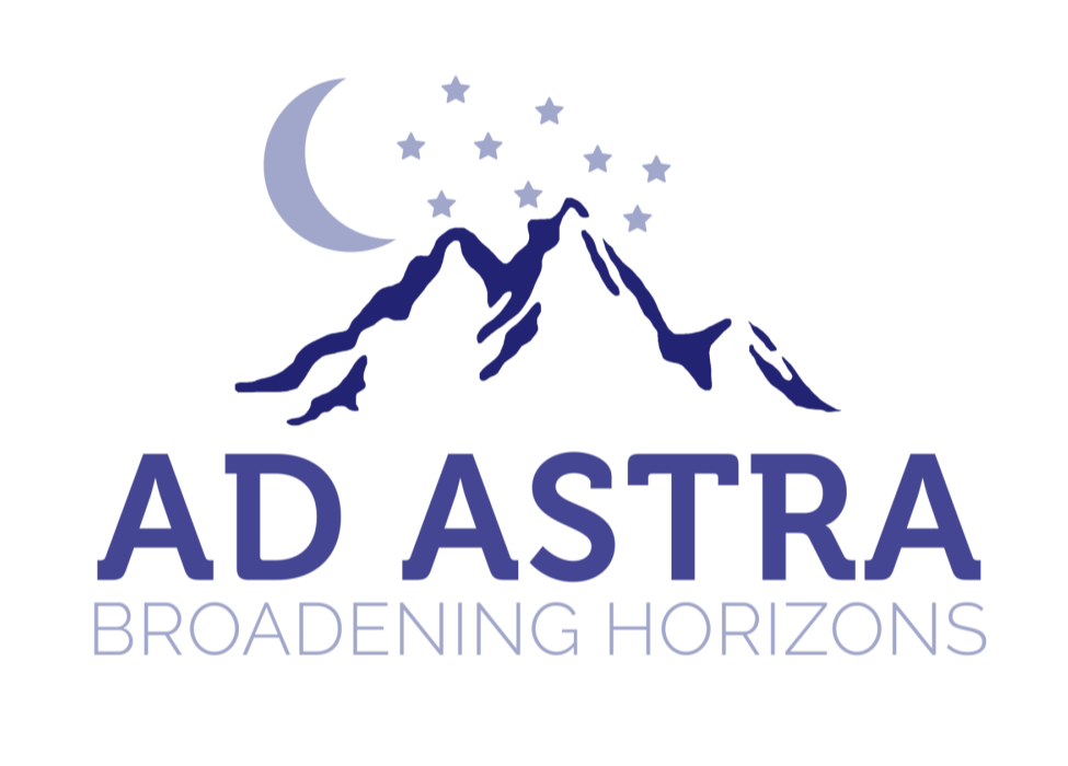 Logo featuring stylized mountains under a crescent moon and stars, with the text "AD ASTRA Broadening Horizons" in bold letters.