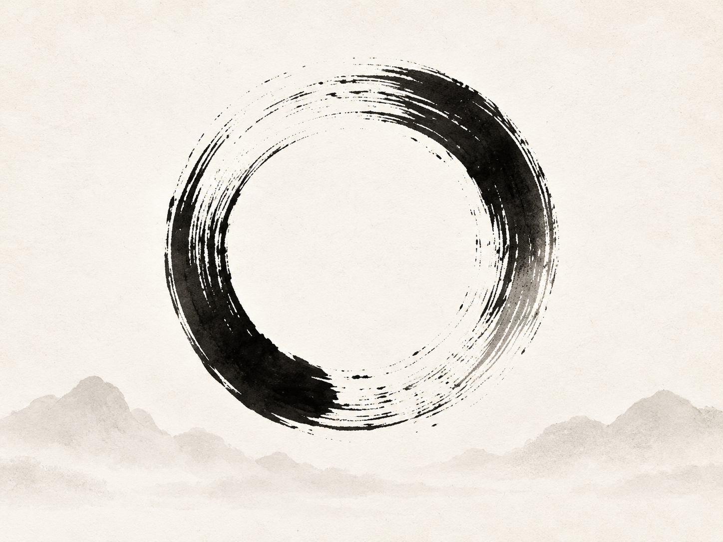 A black ink circle brush stroke in the center with mountain silhouettes at the bottom, on a beige textured background.