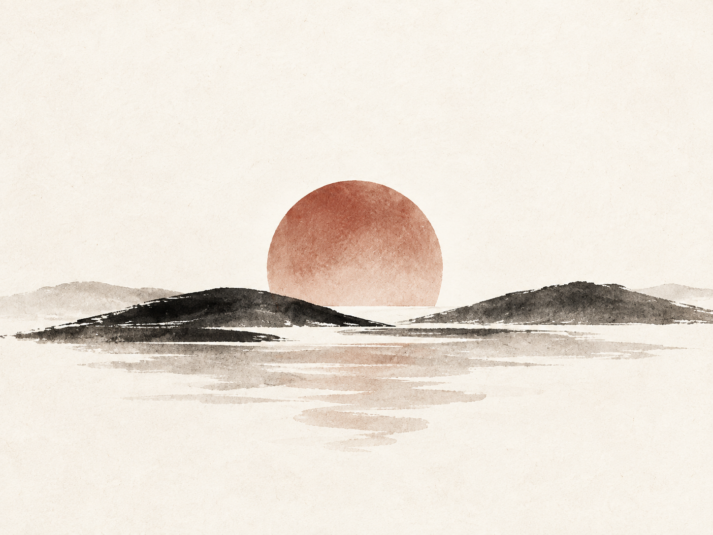 Minimalistic watercolor illustration of a sunset over a landscape with hills and a body of water.