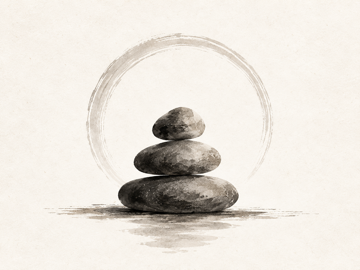 A watercolor-style illustration of four balanced stones stacked one on top of the other with a circular brushstroke in the background.