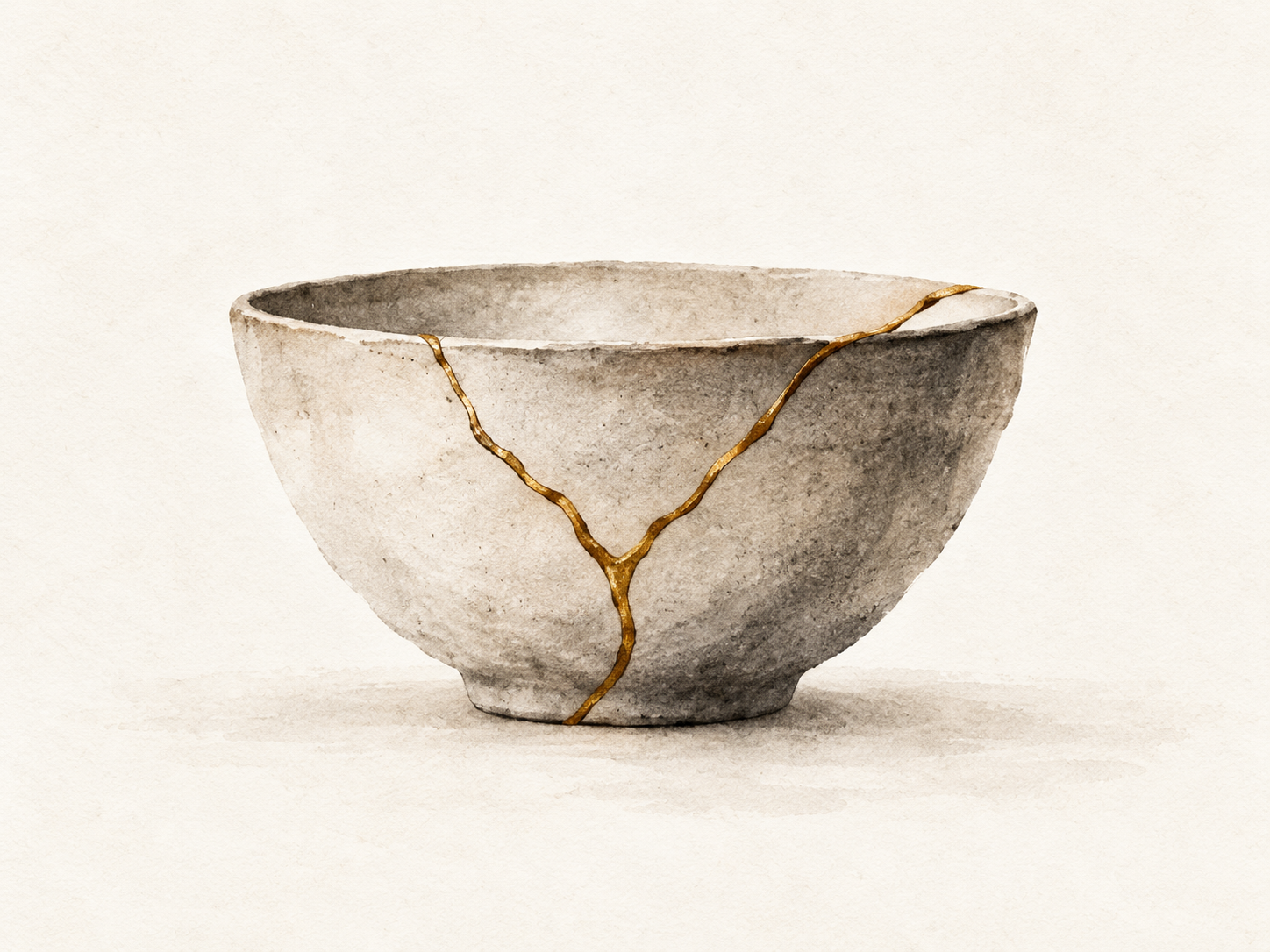 A ceramic bowl with gold-colored cracks, resembling a Kintsugi repair, on a plain background.
