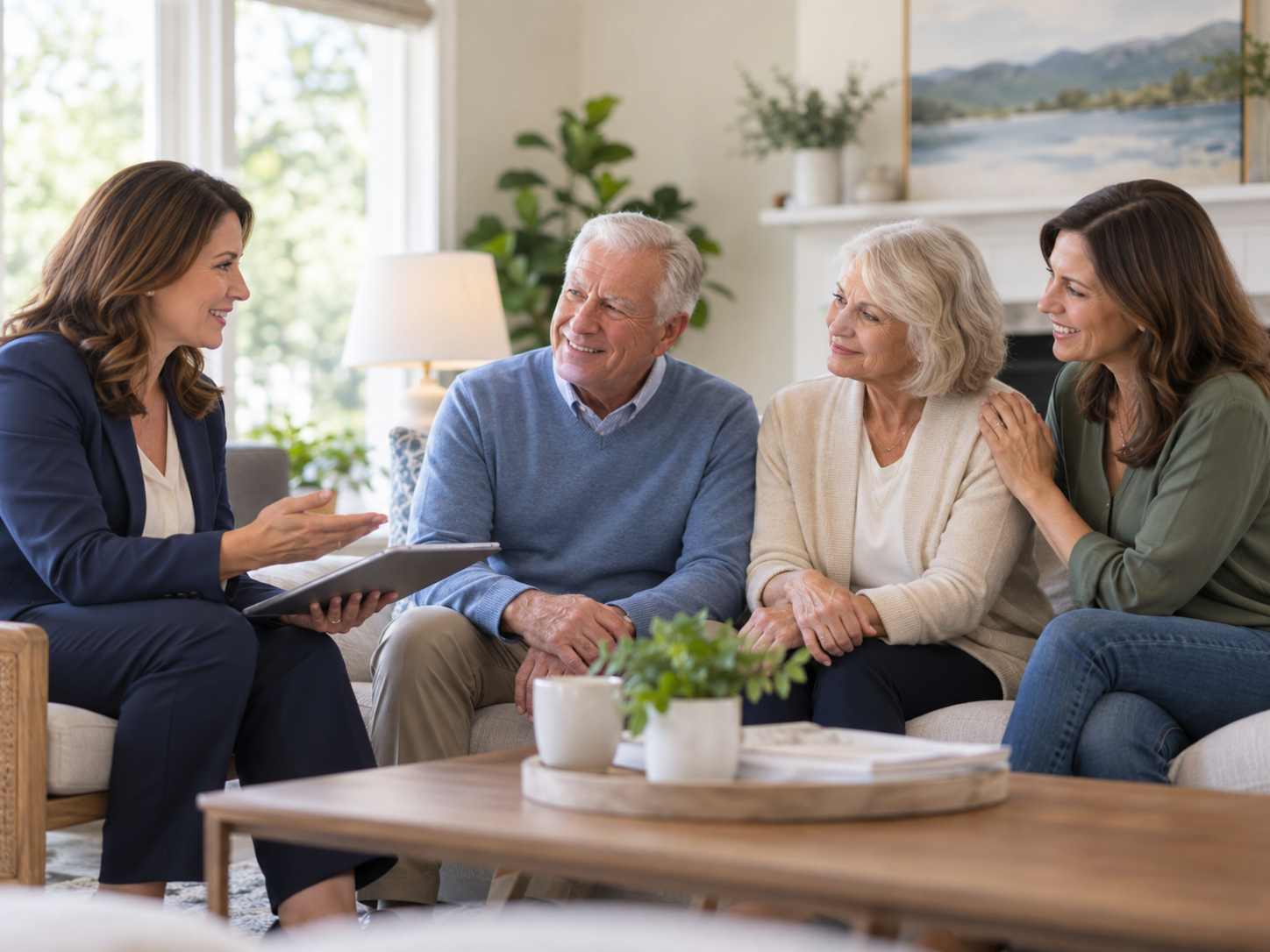 A woman in a dark blue blazer and white blouse sits on a couch holding a tablet, talking to a group of four older adults who are listening and smiling. The group includes an elderly man in a light blue sweater, an elderly woman in a beige cardigan, and two women, one in a green blouse and the other in a white top. They are in a bright, cozy living room with a fireplace, plants, and mountain art on the wall.
