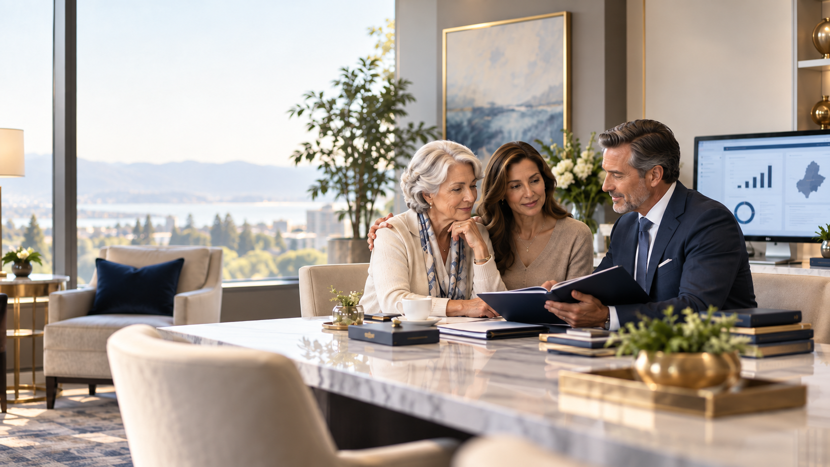 Three professionals, two women and one man, engaged in a business discussion at a modern conference table in a bright office with a city and water view.