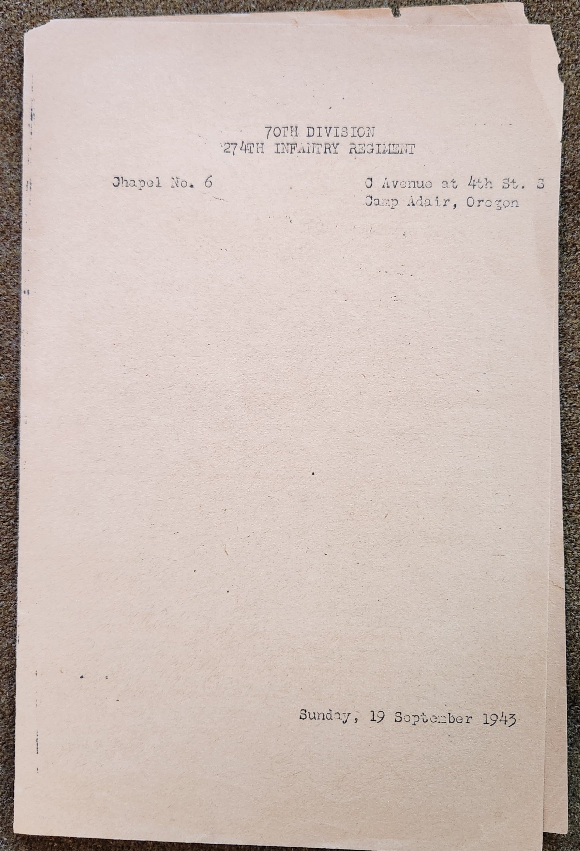 70th Infantry Division Church Bulletin Sep 5th, 1943