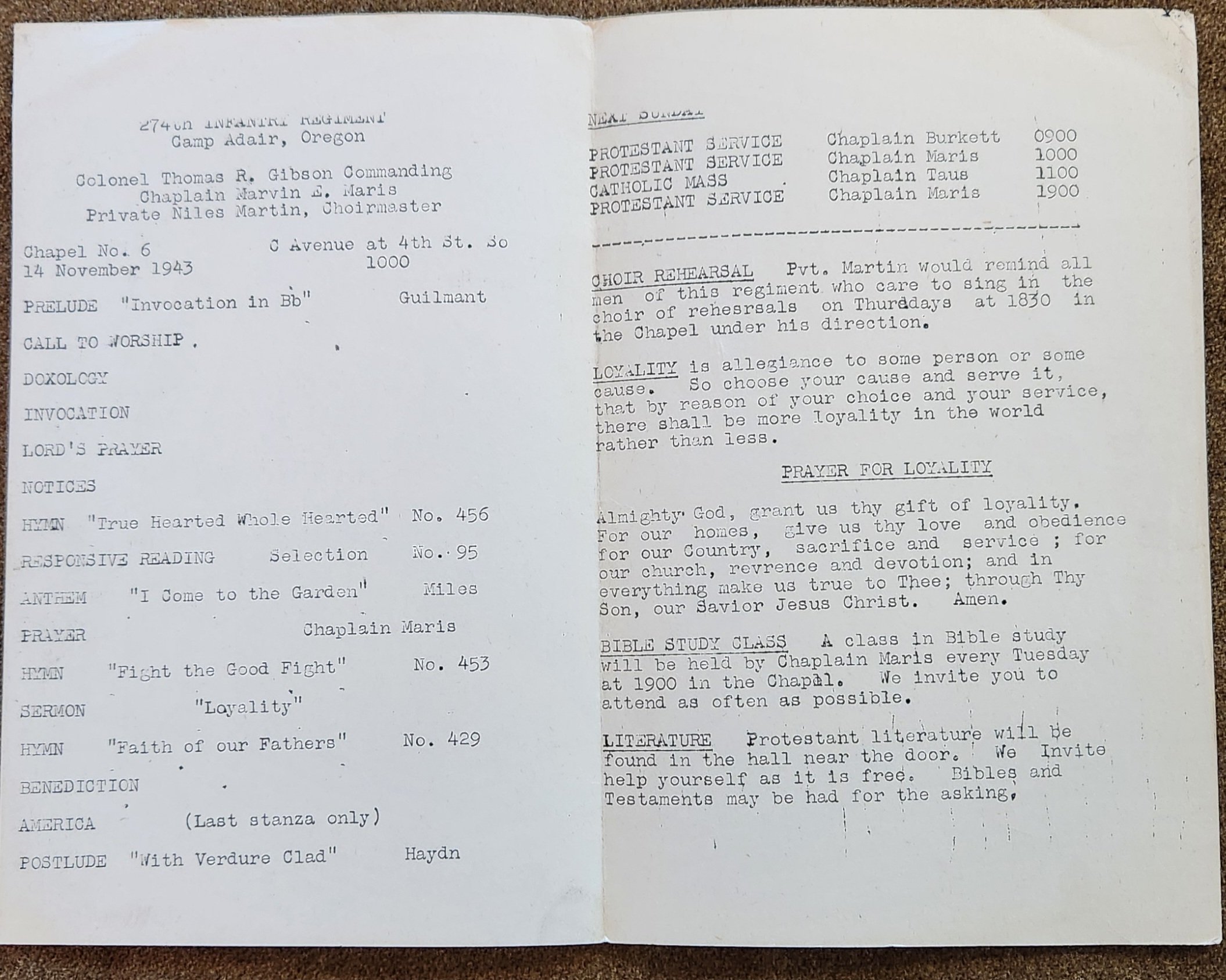 70th Infantry Division Church Bulletin Nov 14th 1943