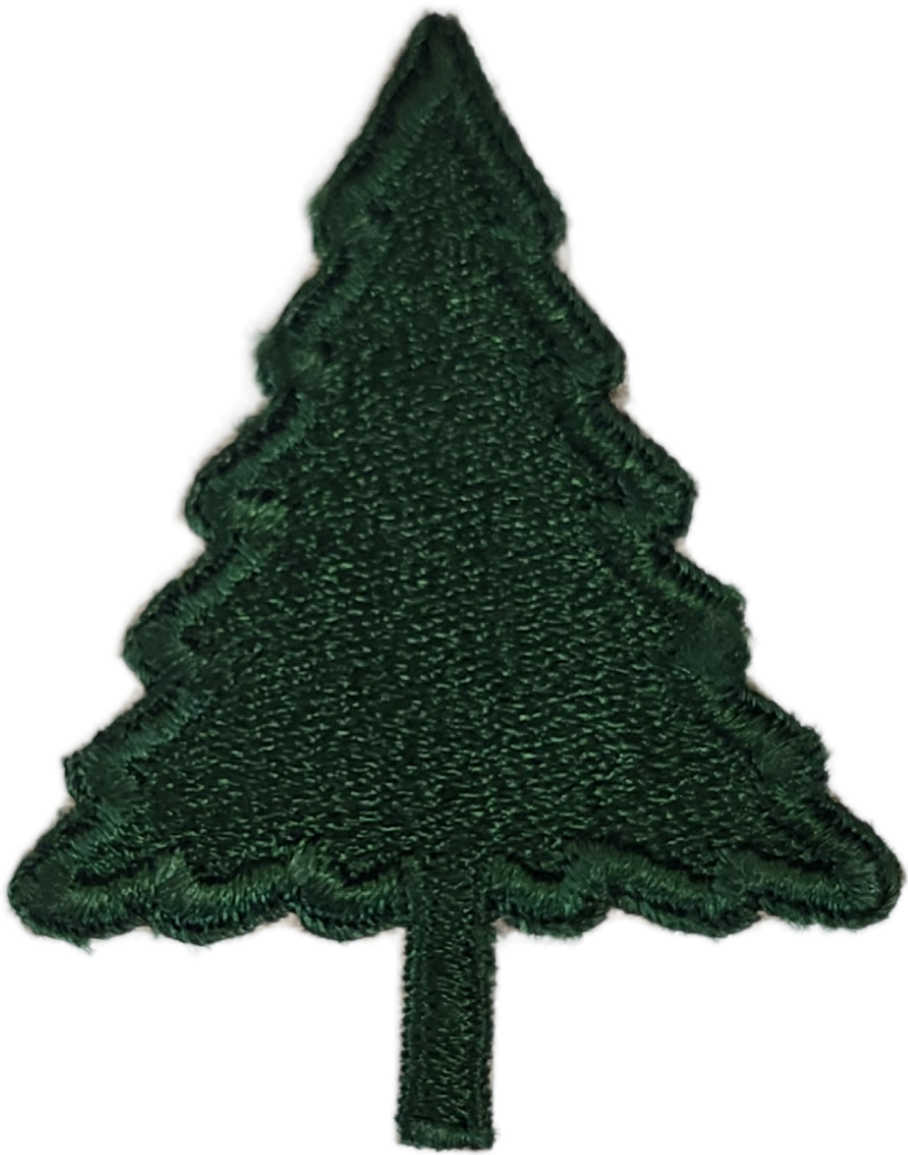 Green embroidered patch shaped like a Christmas tree with layered branches and a trunk at the bottom.