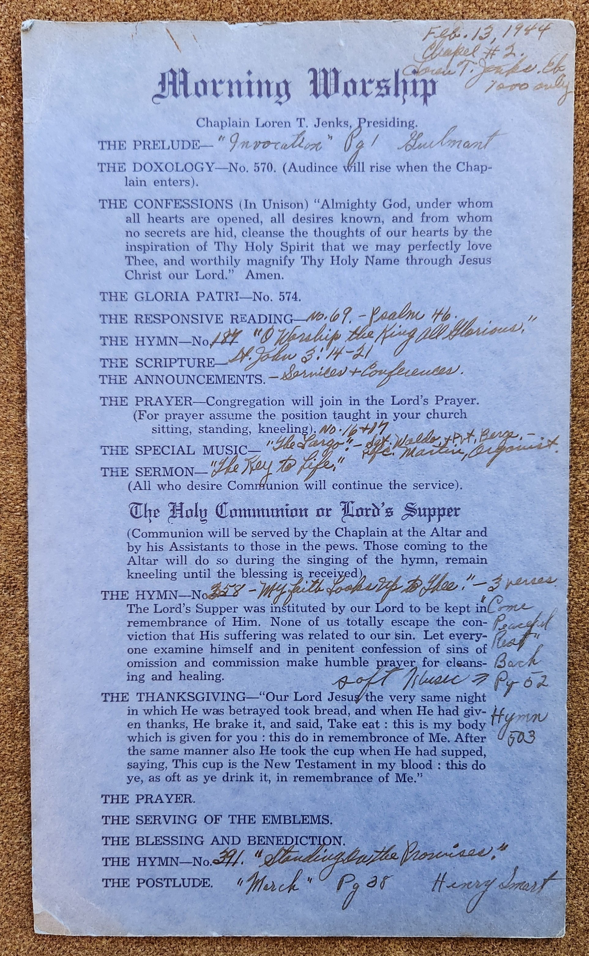 70th Infantry Division Church Bulletin Feb 13th, 1944