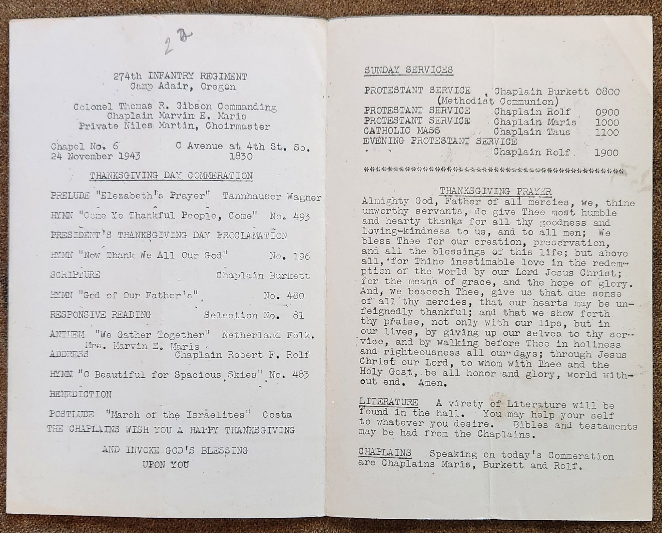 70th Infantry Division Church Bulletin Nov 24th 1943