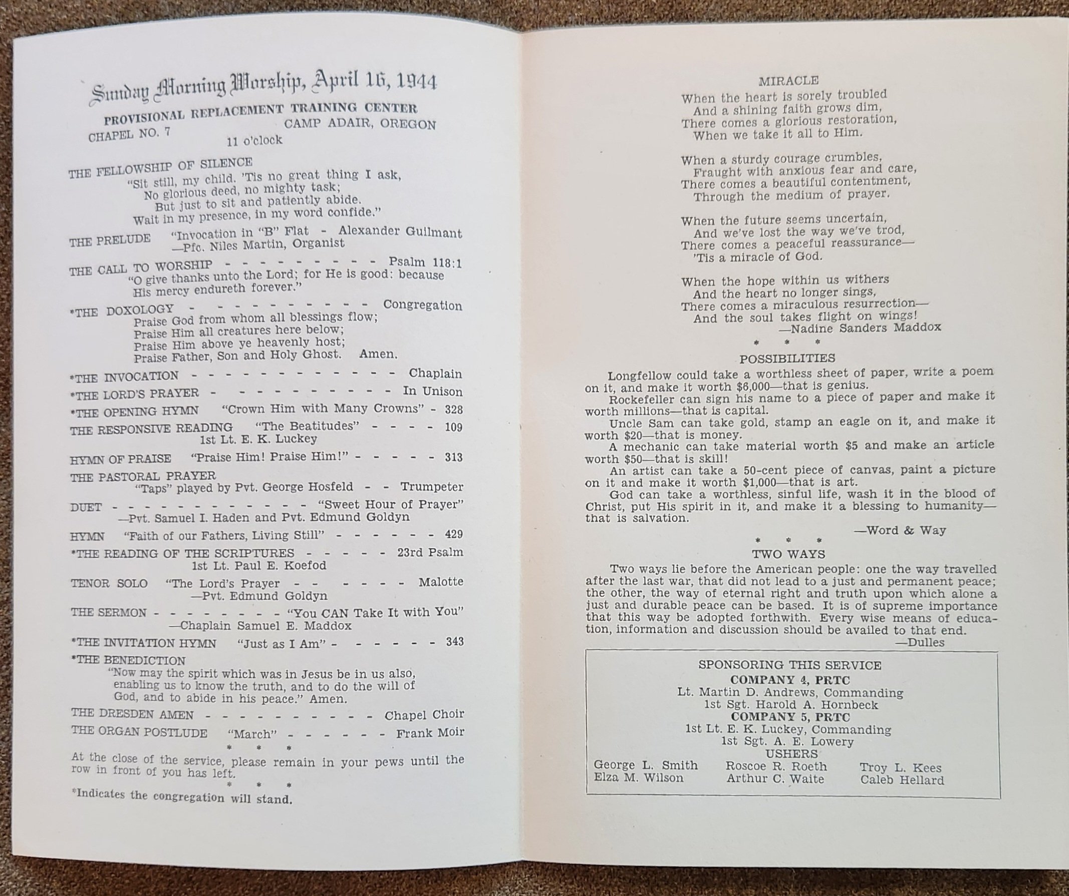 70th Infantry Division Church Bulletin Apl 16th 1944