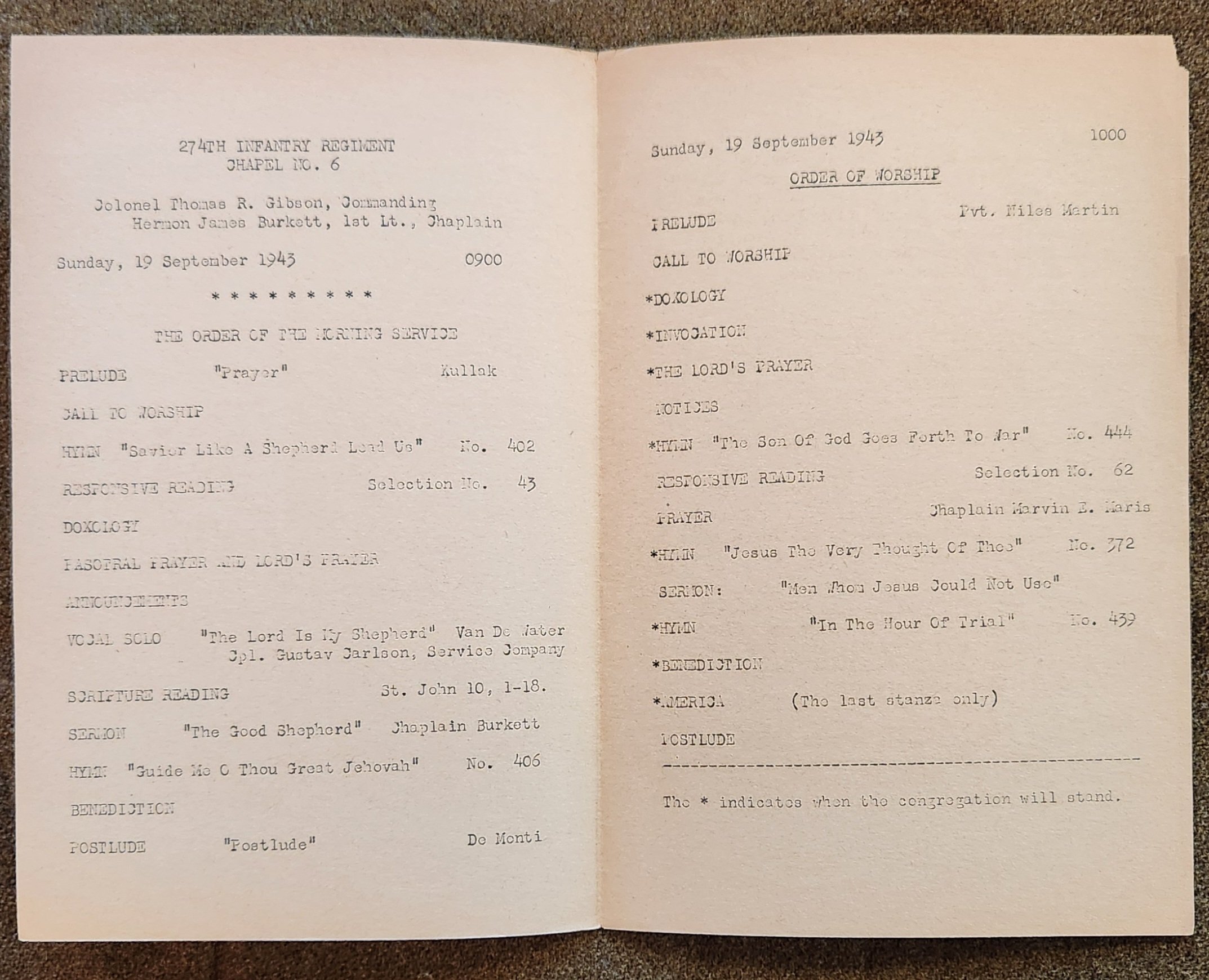 70th Infantry Division Church Bulletin Sep 5th, 1943