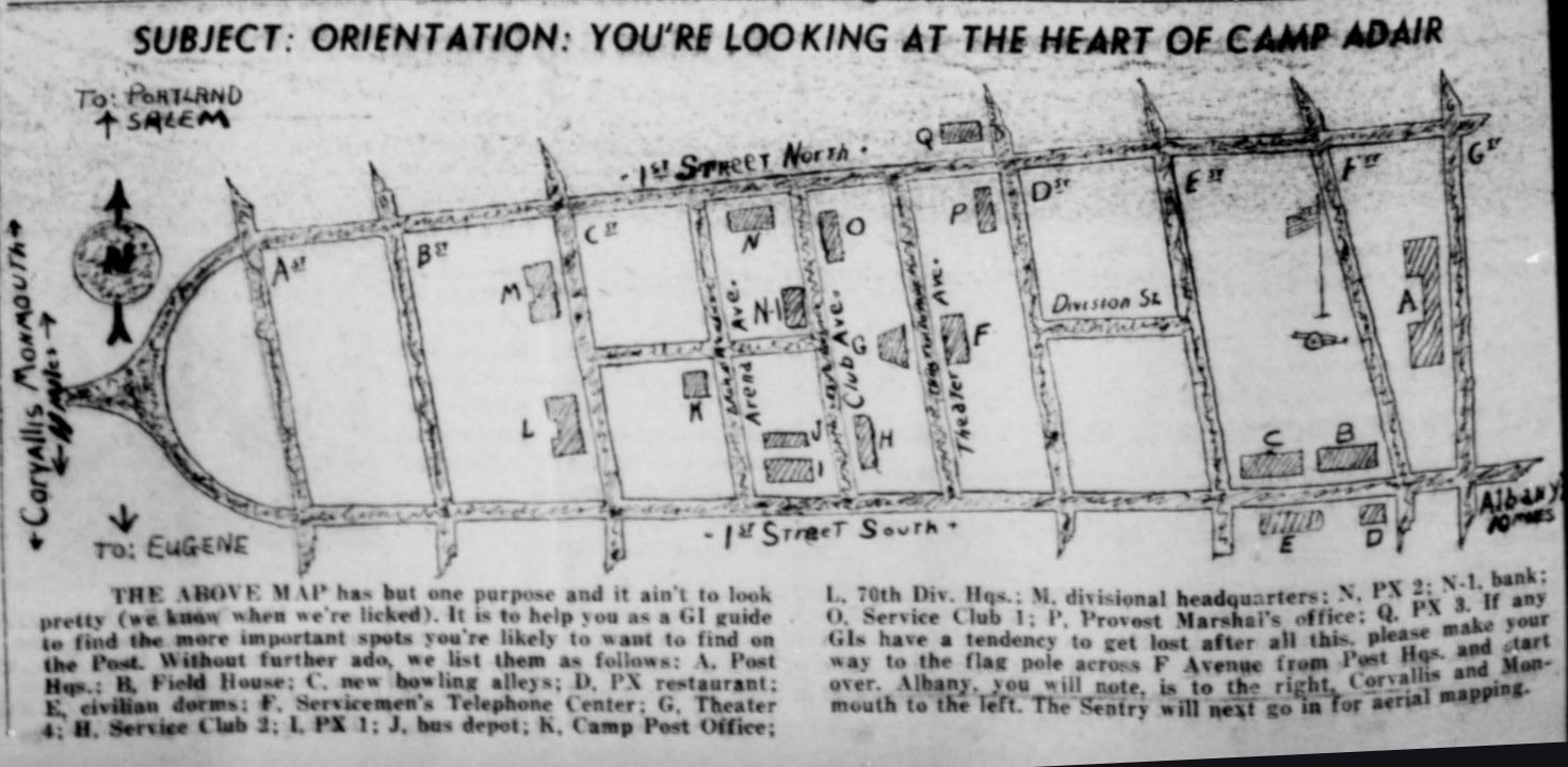 A hand-drawn map of Camp Adair with street names and locations of buildings and landmarks, including a compass rose indicating north, and a legend explaining the symbols and abbreviations.