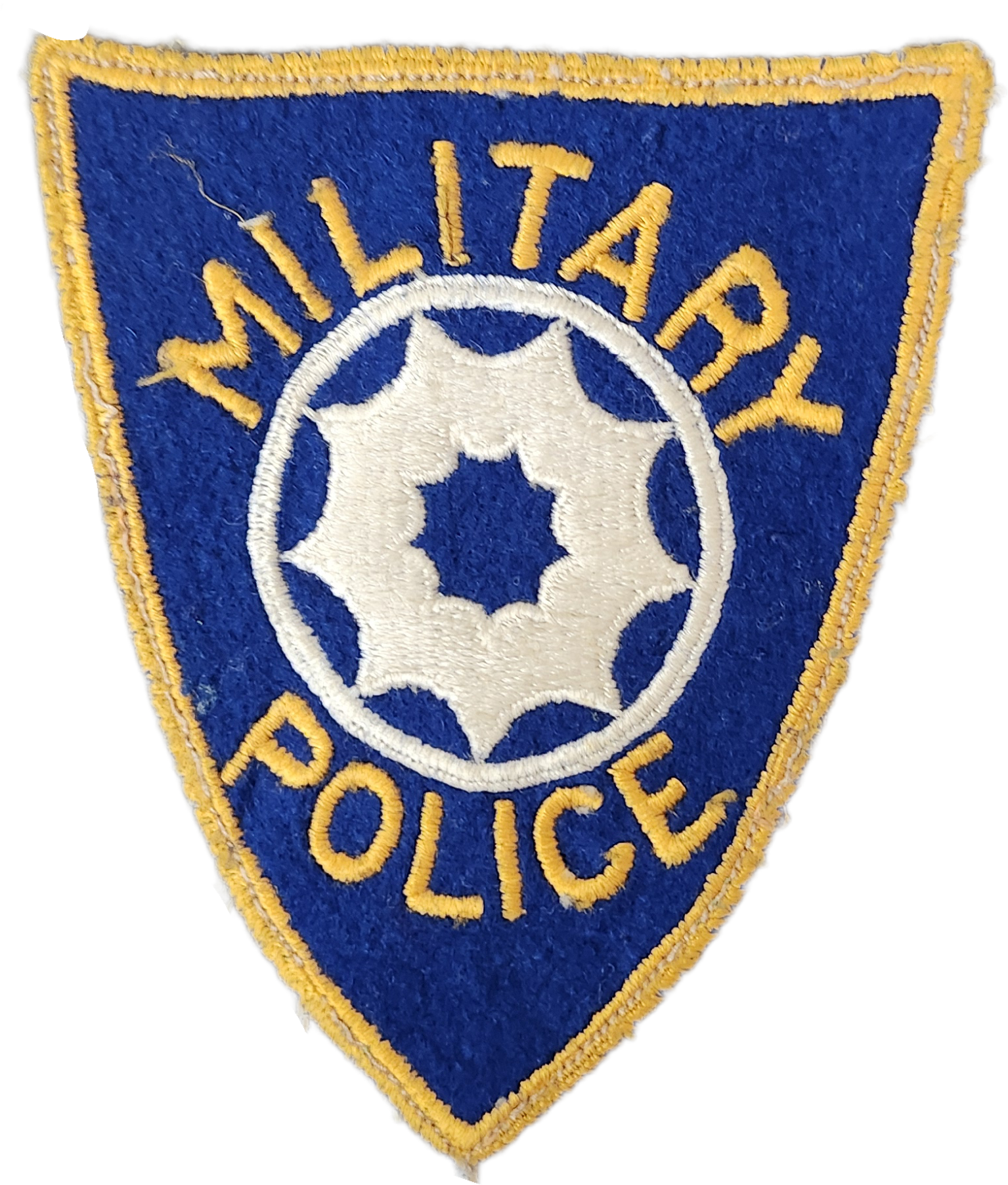 A blue and yellow embroidered police patch with the words "National Police" and a star symbol in the center.
