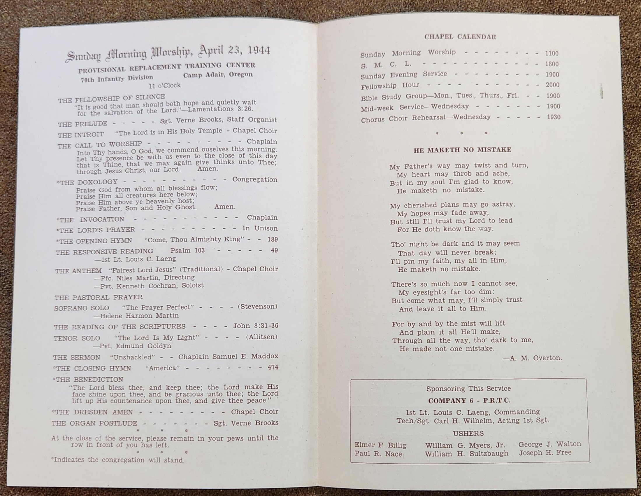 70th Infantry Division Church Bulletin Apl 23th 1944