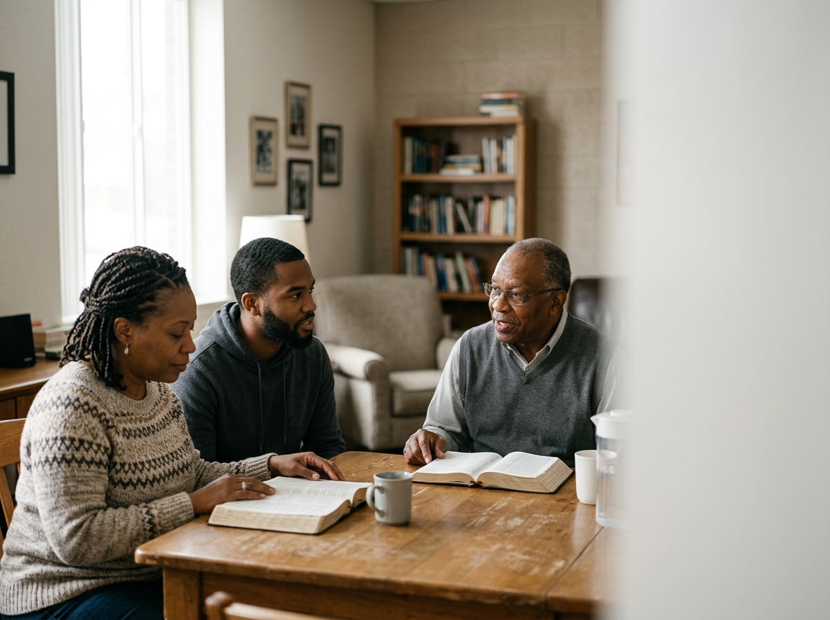 A family of three sitting at a wooden table with open books, engaged in a discussion with an older man, possibly a pastor or teacher, in a cozy living room with a bookshelf and pictures on the wall.