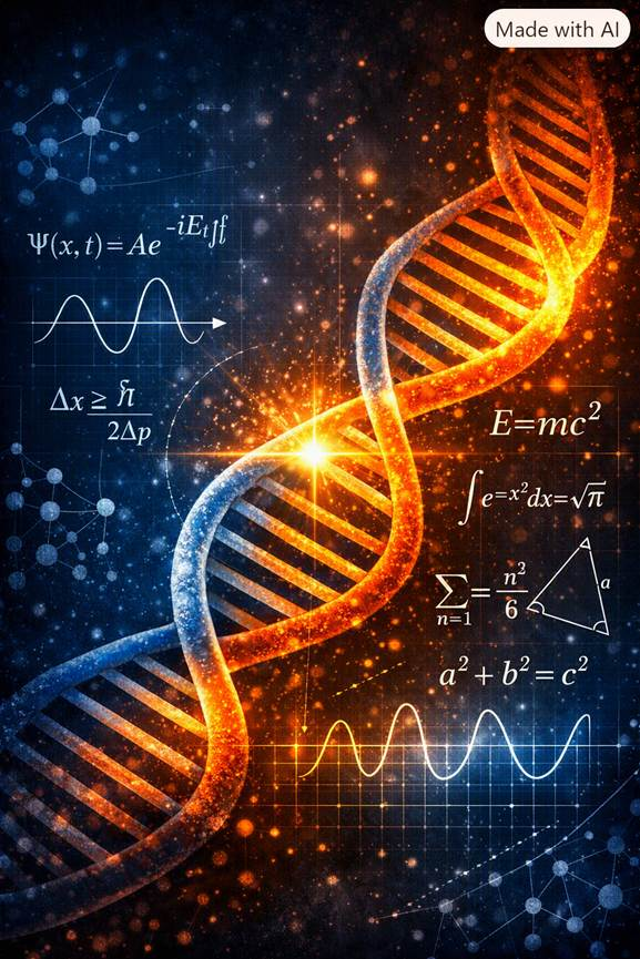 A digital illustration of a DNA double helix with scientific formulas and equations related to physics and mathematics, set against a cosmic background with stars and particles.